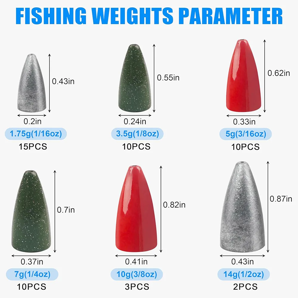50 Uds. De plomos de pesca tipo bala, Kit de pesas de gusano, surtido de plomos deslizantes para pesca de lubina, aparejos de pesca Carolina Texas - imagen 2