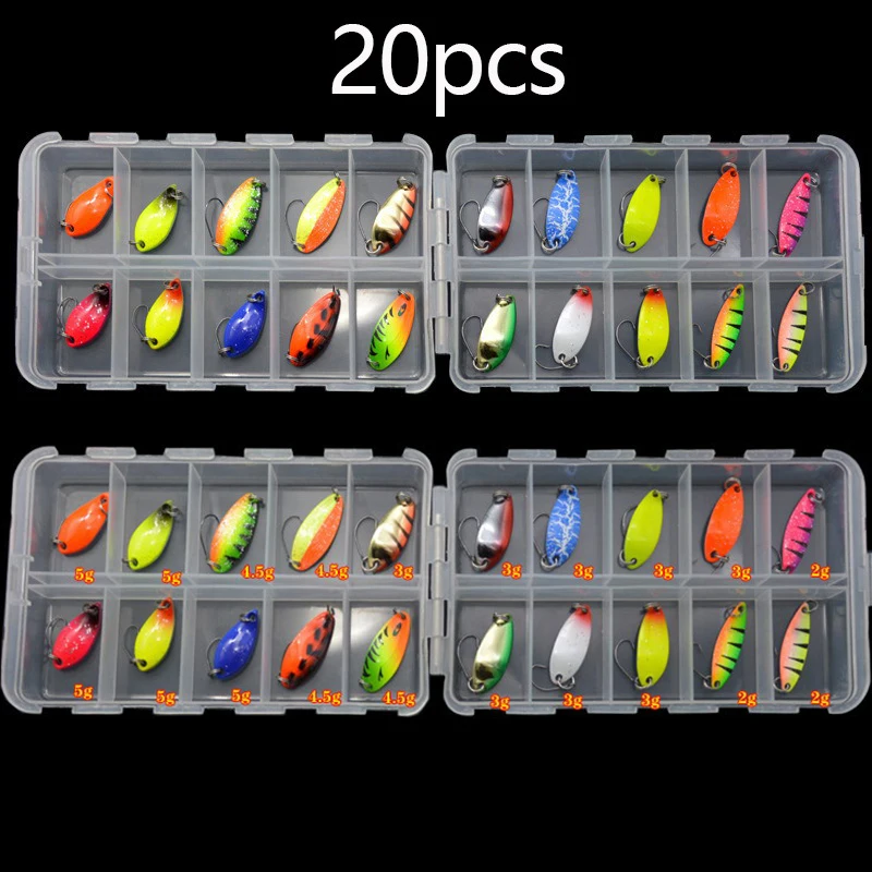 Señuelo de pesca de lentejuelas de Metal de 20 piezas con caja, cebos de cuchara, cebos artificiales de un solo gancho que se hunden en hielo de invierno de colores mezclados - imagen 2