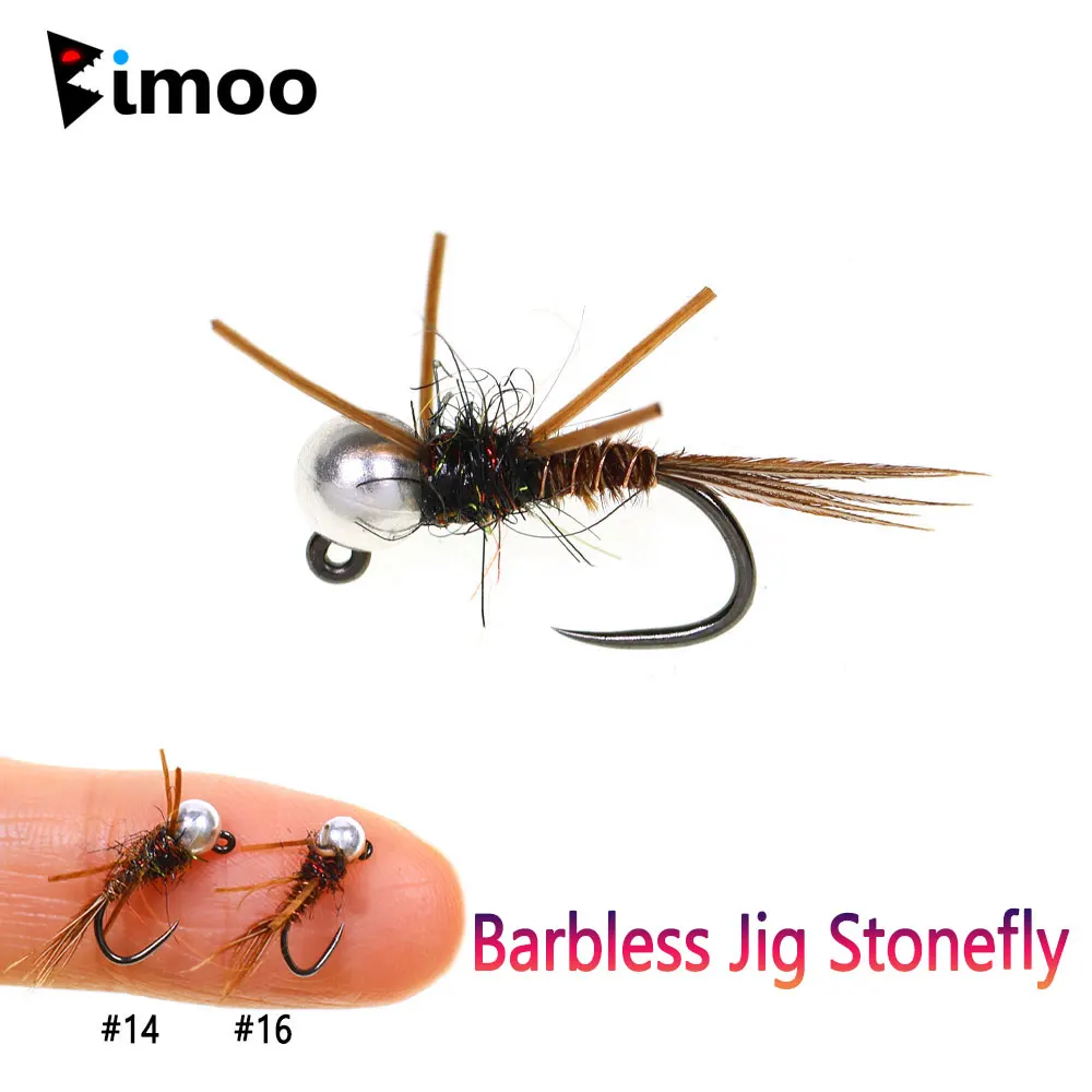 Bimoo 6PCS # 16 # 14 plantilla sin púas de hundimiento rápido Stonefly con patas de goma cola de faisán húmeda Euro Ninfa mosca trucha Señuelos de pesca cebo