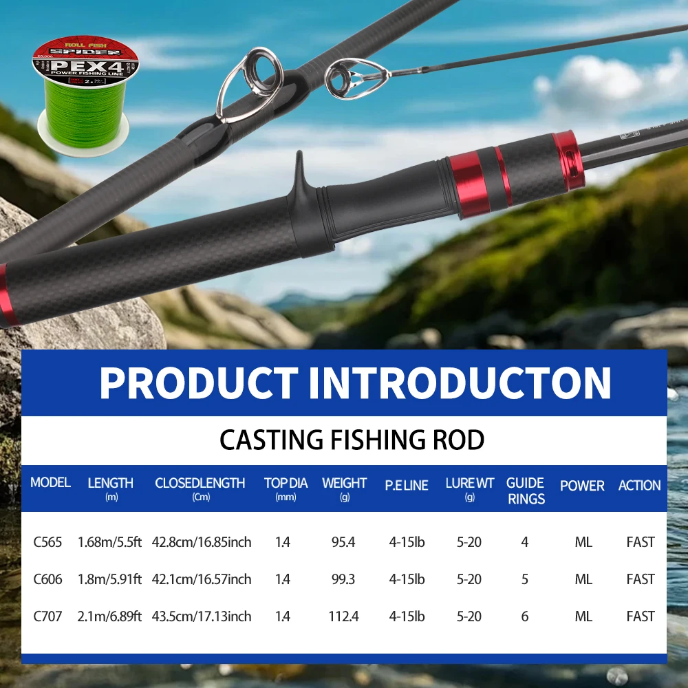 ROLLFISH-caña de pescar telescópica portátil ML de fibra de carbono, señuelo de viaje, con asiento de carrete de sonido + sedal de pesca de 100M - imagen 5