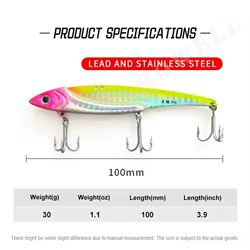 Señuelos de pesca VIB de Metal, 30g, 100mm, vibración, hoja de Metal, Swimbait VMC, anzuelos triples, Lucio, lubina, trucha, aparejos de pesca de mar