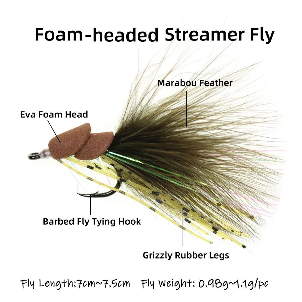 Wifreo, 6 uds., serpentina con cabeza de espuma, patas de goma para mosca, cola de plumas de marabú, pelador de trucha, Lucio, señuelo de pesca, cebos, amarillo oliva - imagen 3