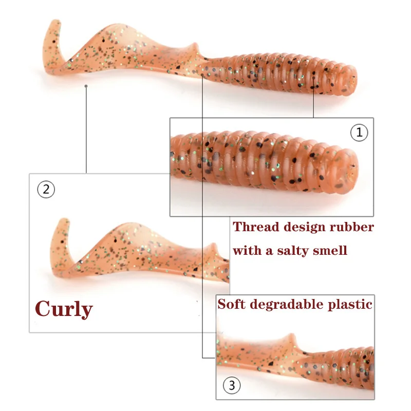 Gusanos de pesca de gusano, señuelos blandos, anzuelo de lubina, aparejos Wobblers de 5,5 cm, olor a Camarón con sal, cebo Artificial de silicona, 5 uds. - imagen 3