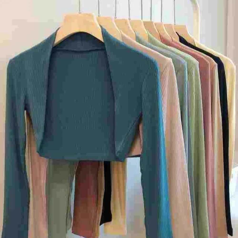 Versátil de manga larga para cubrir Yoga, fibra de poliéster, Color puro, Top de manga larga, cuello tipo chal, prendas de vestir exteriores para mujer, práctica de Yoga - imagen 2