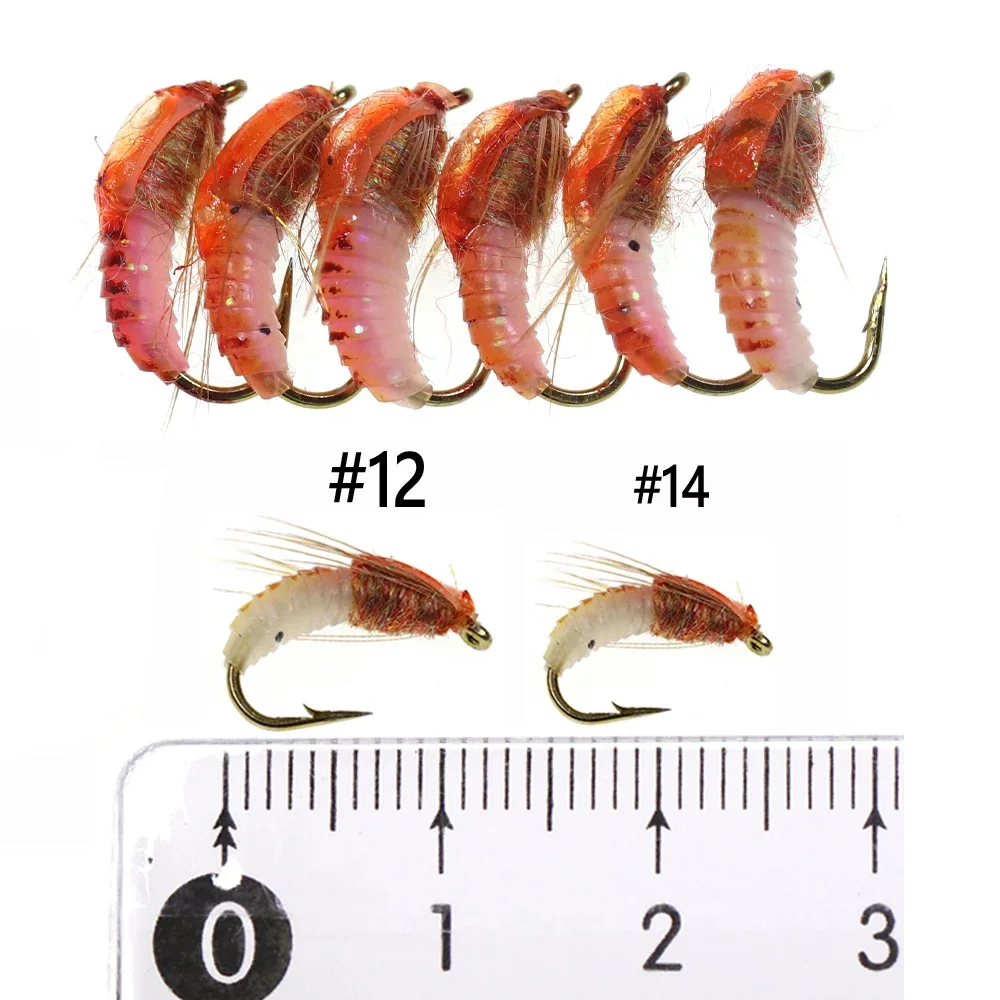 Bimoo 6PCS # 8 # 10 # 12 # 14 mosca realista de ninfa Scud para pesca de trucha, cebo de insecto Artificial, señuelo Caddis, mosca de pesca de ninfa - imagen 4