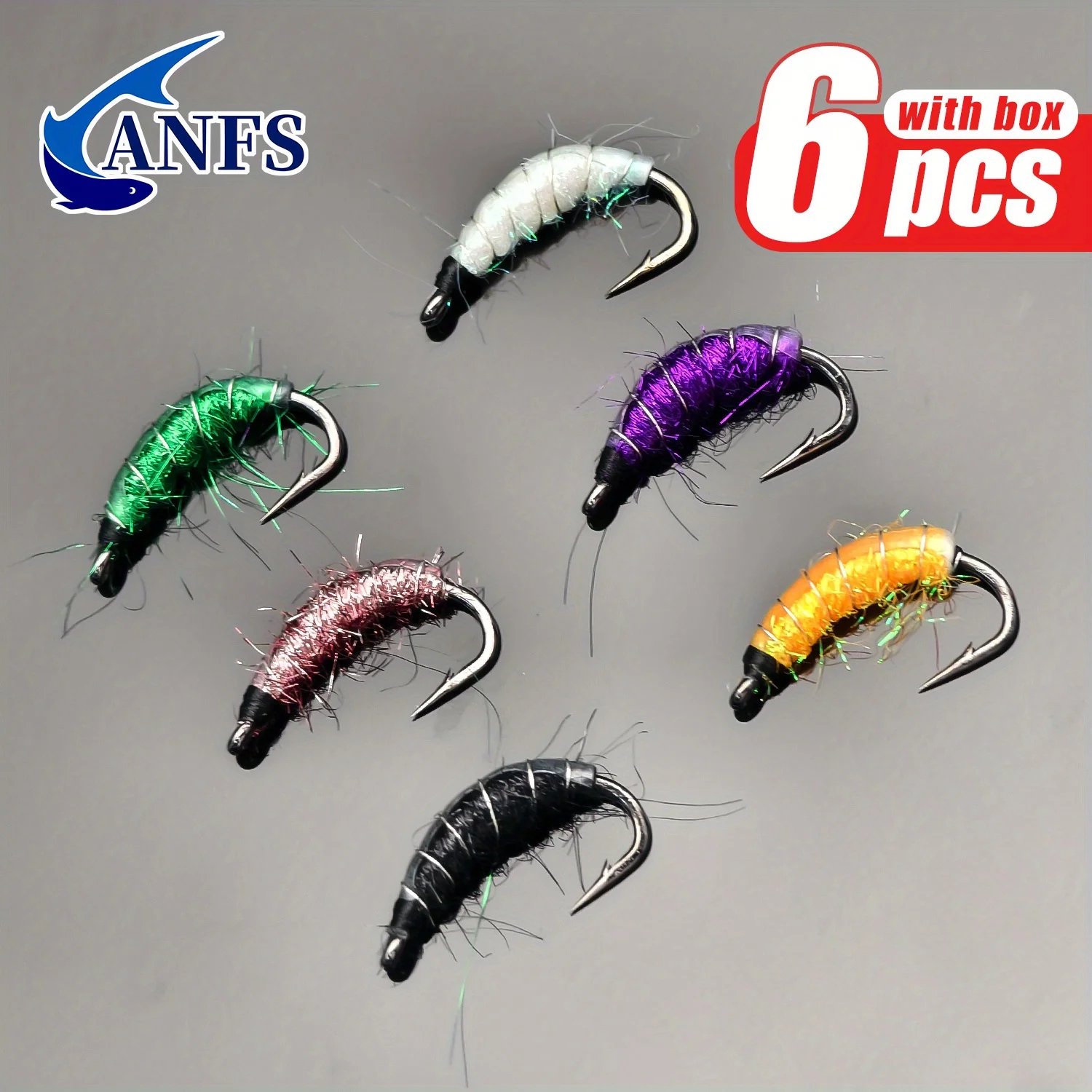 ANFS 6 uds moscas de ninfa con caja de almacenamiento-mouches de pesca con mosca de ninfa hechas a mano para pesca en agua dulce, señuelo de pesca con mosca - imagen 3