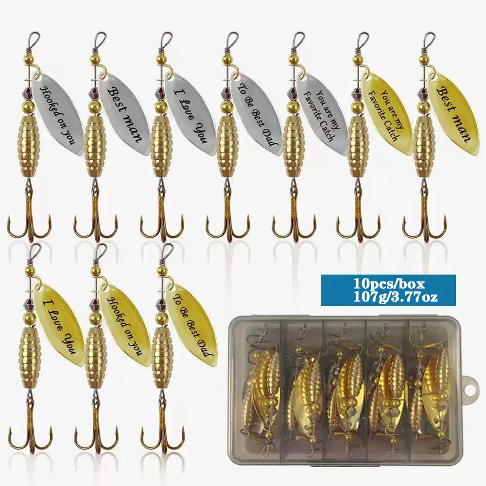 Regalo del Día del Padre 10 unids/set señuelo giratorio plateado y dorado con anzuelo triple señuelo de cuchara de Metal señuelo de pesca duro con caja de aparejos de pesca - imagen 5