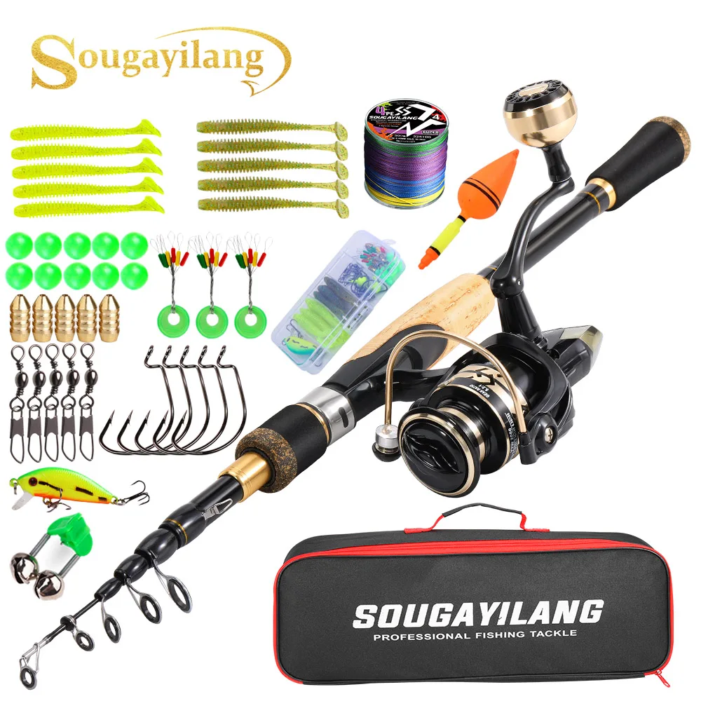 Sougayiolang-Juego de carretes y caña de pescar giratoria, caña de carbono, arrastre máximo de 5kg, 5,2: 1, Kit de carretes de Pesca de carpa, lubina, Pesca de agua dulce