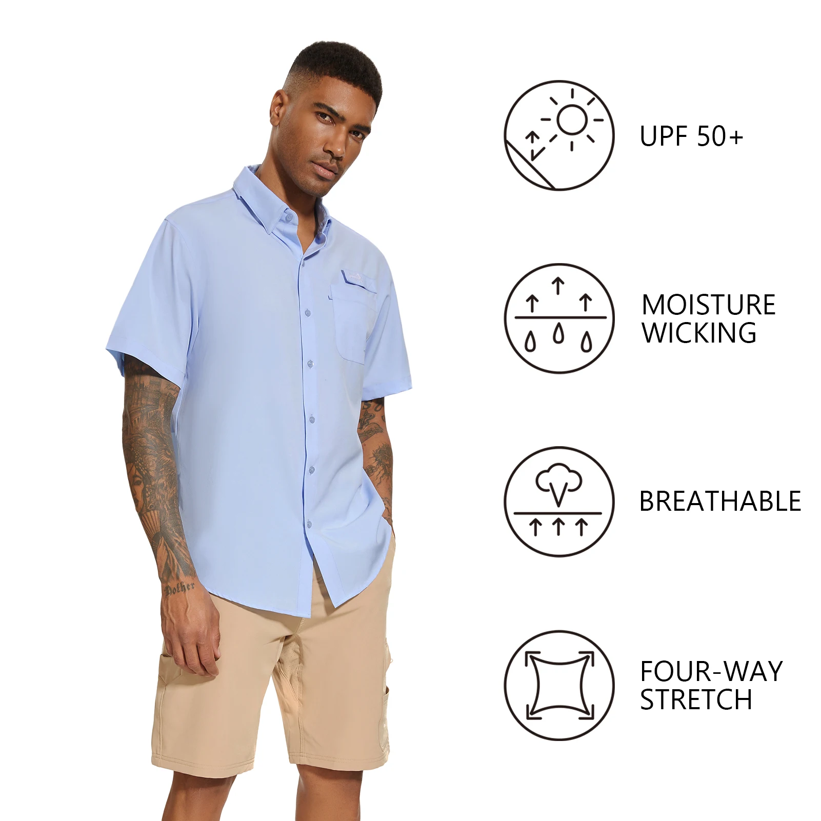 BASSDASH-Camisa de manga corta con botones para hombre, camisa de pesca transpirable y ligera para exteriores, senderismo y Camping, UPF 50 + - imagen 5