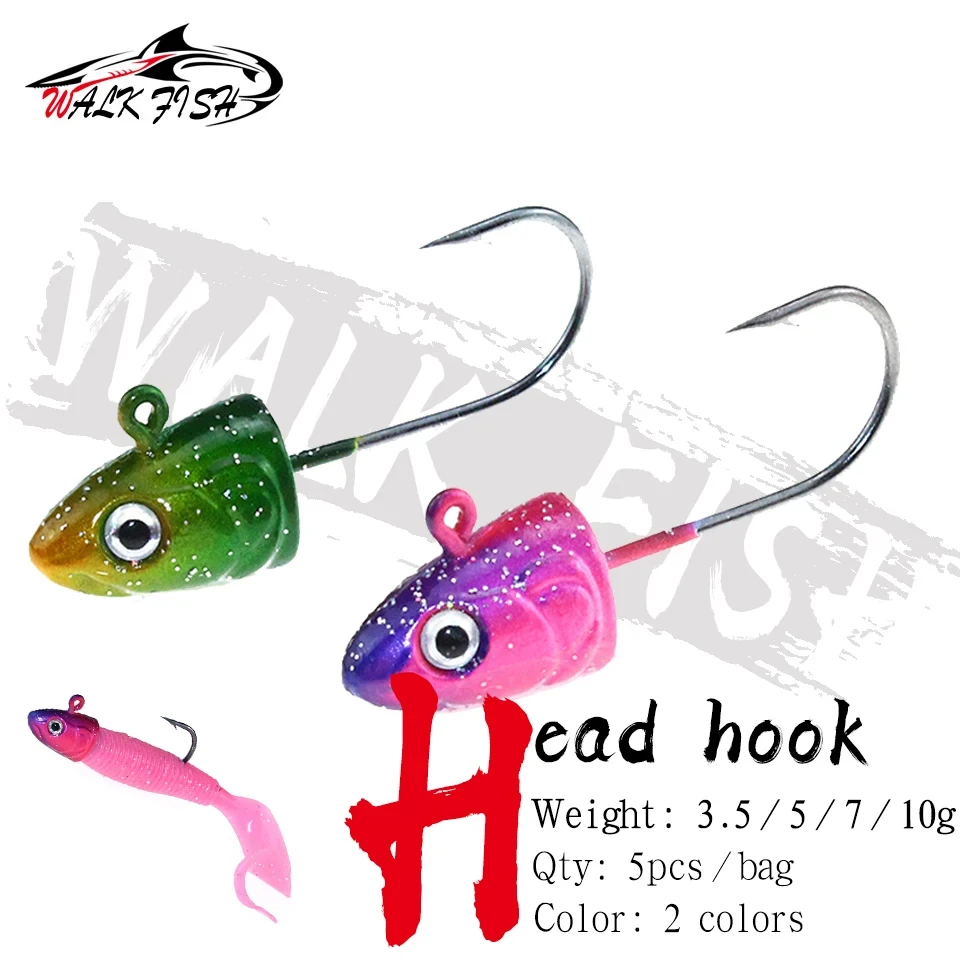 WALK FISH 5 unids/lote Jig Head anzuelo de señuelo suave 3,5g 5g 7g 10g 3D Eye Jig Head Jigging cebo de silicona anzuelo de gusano suave aparejos de pesca