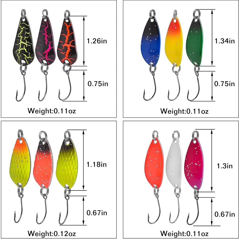 12 Uds. Kit de señuelo cuchara para pesca de trucha, señuelos para trucha de un solo gancho, cebos de Metal duro, Mini plantilla de pesca, señuelos tipo cuchara para perca y tipo de pez - imagen 3