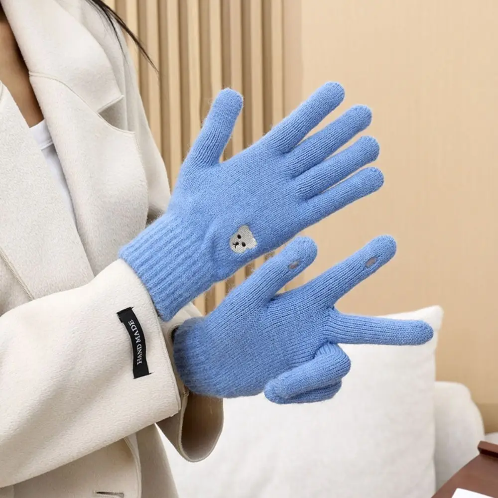 Nuevos guantes cálidos de punto para invierno, guantes de pantalla táctil de Color sólido con oso, guantes de ciclismo a prueba de viento de felpa para hombres - imagen 3