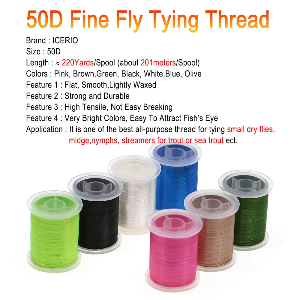 ICERIO-hilo fino de alta resistencia 50D para atar moscas, Material suave y ligero encerado, hilo fuerte para atar moscas húmedas y secas de Ninfa, 220 yardas - imagen 3