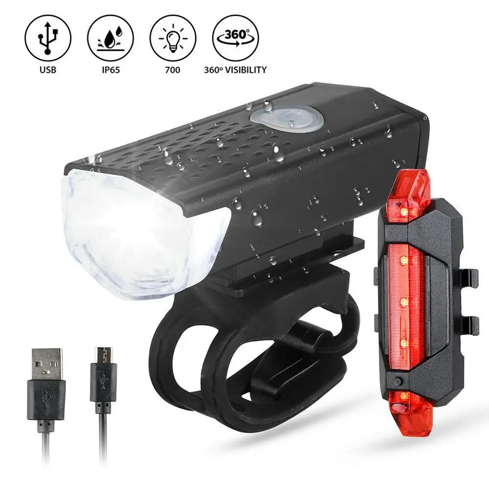 2 unids/set luces de bicicleta recargables por USB fáciles de instalar 3 modos de iluminación juego de luces traseras de faro de bicicleta impermeable negro blanco - imagen 2