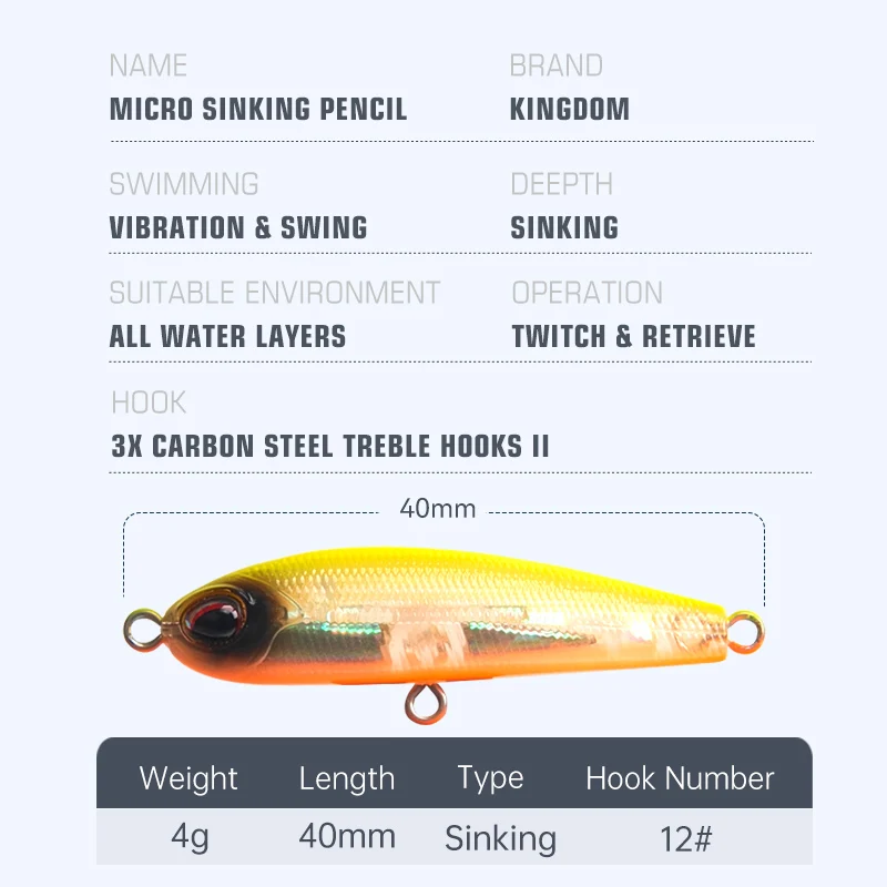 Kingdom-señuelo de pesca de lápiz de hundimiento lento, cebos duros artificiales Wobblers de 40mm, 4g, aparejos de pesca de alta calidad - imagen 3