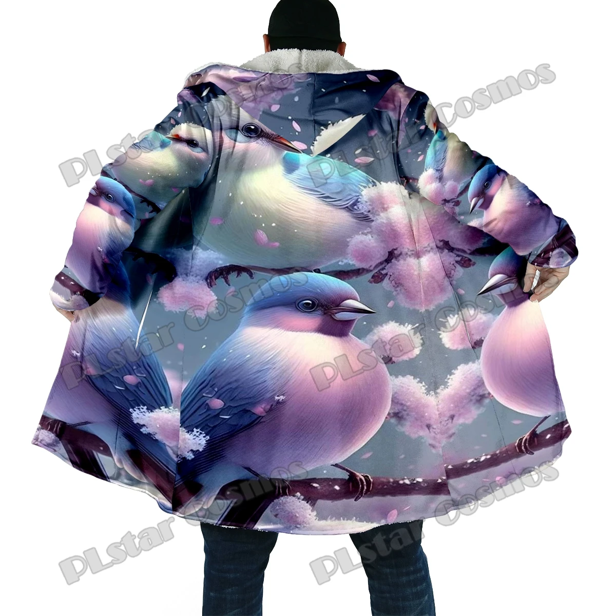 Capa de invierno a la moda para hombre, capa con capucha de lana gruesa con estampado 3D de jardín de colibrí y animales, capa cálida informal Unisex BB39 - imagen 5