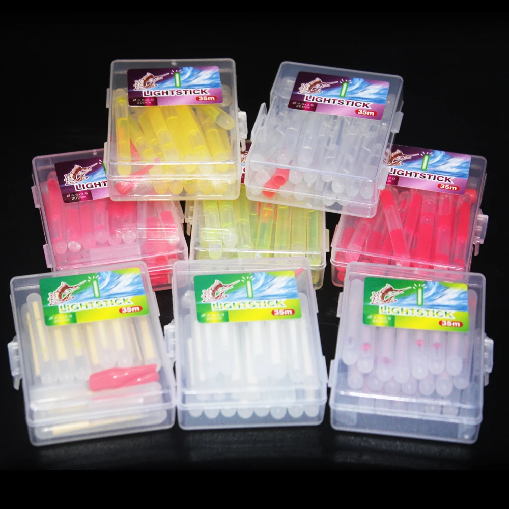 20 unids/bolsa 4,5*40mm luciérnagas en caja para luces flotantes de Pesca barra que brilla en la oscuridad barra luminosa fluorescente luz flotador nocturno caña Pesca - imagen 3