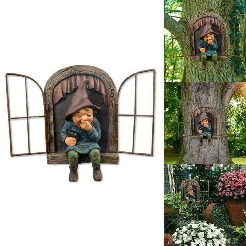 Estatua de Gnomo de jardín travieso, elfo fuera de la puerta, abrazador de árbol, decoración del patio del hogar - imagen 5