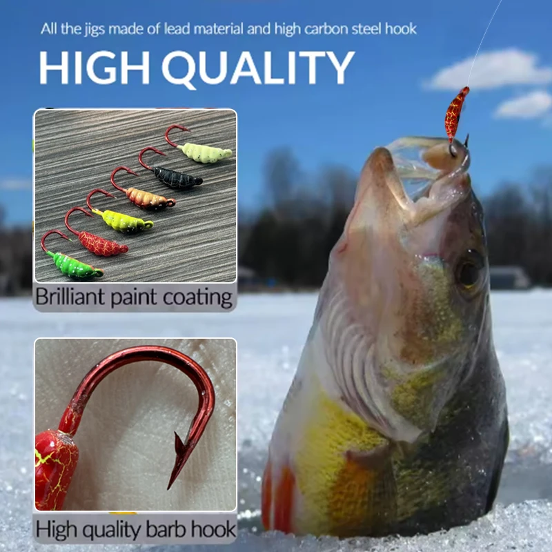 TAKEDO 6 unids/bolsa gusano hielo señuelo de pesca 22MM 1,4G Jig cebo para pesca de invierno plomo Jig cabeza gancho carpa lubina trucha cebo