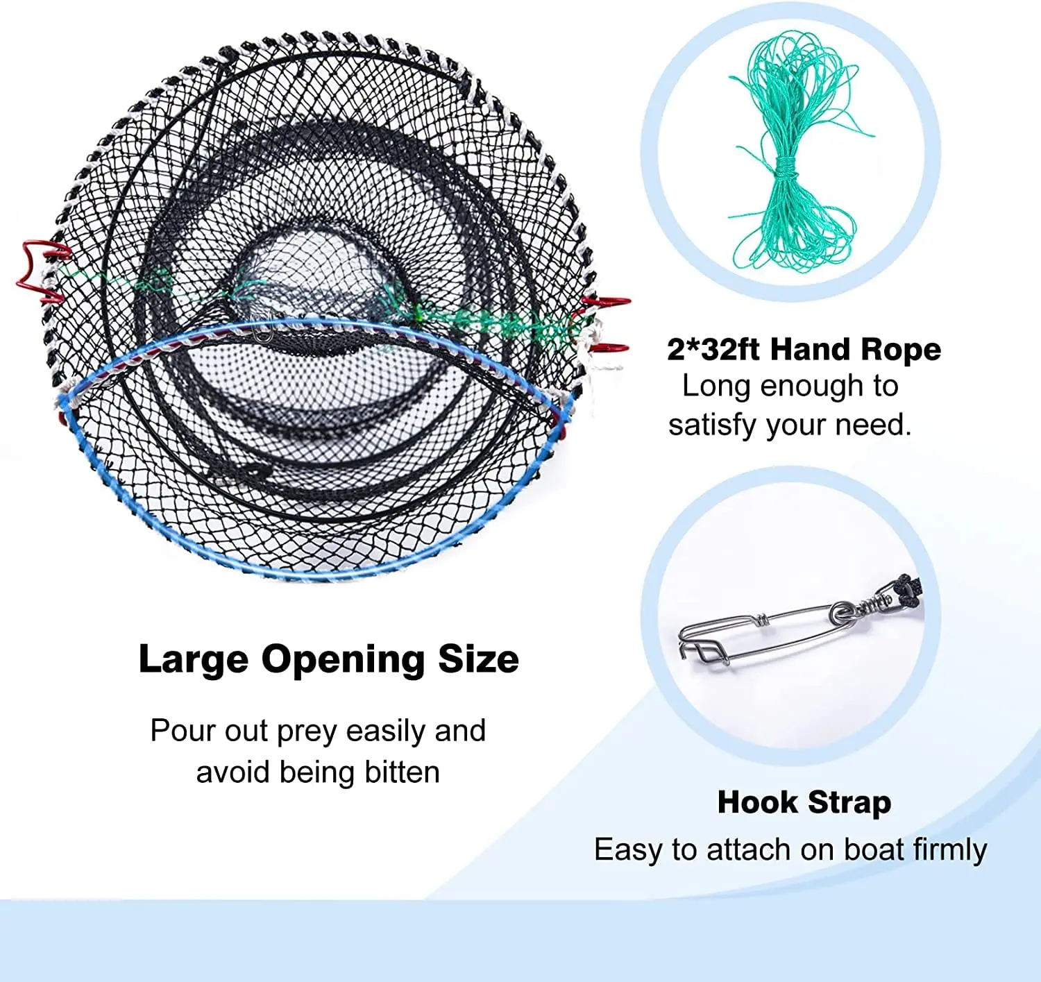 Goture-trampa portátil para cangrejo, red plegable para pesca, pececillo, cangrejo, camarón, langosta, cebo, Red con cuerda de mano de 32 pies - imagen 4