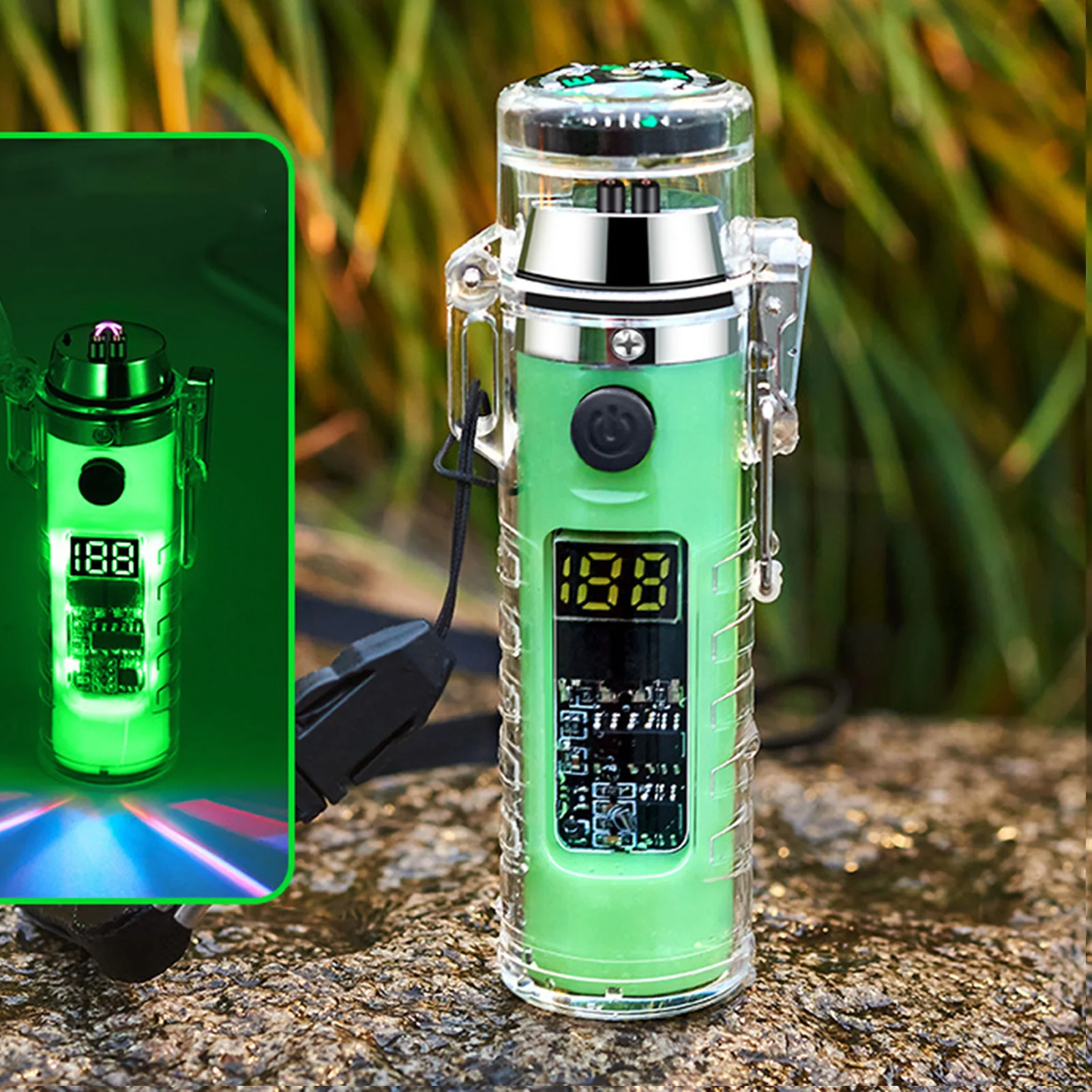 Un dispositivo verde y plateado con una pantalla digital que muestra el tiempo de 1010