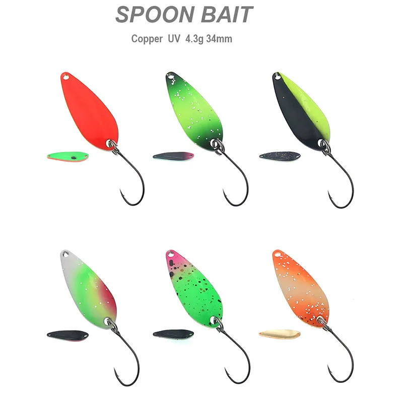 Cuchara de pesca 4,3g 34mm UV colorido trucha cuchara cebo cobre Metal pesca señuelo corriente trucha Chub perca salmón - imagen 4