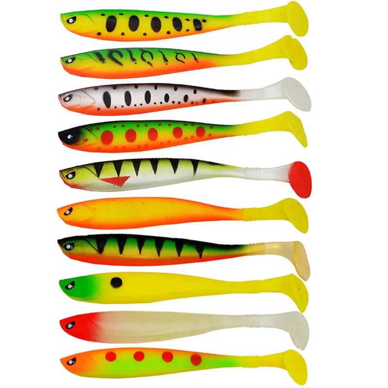 T-tail cebo blando de Pesca, Señuelos de gusano Artificial, ojos alienígenas que brillan, 12cm/10g, ranura trasera, pez arcoíris, PVC, lote de 5 piezas - imagen 5