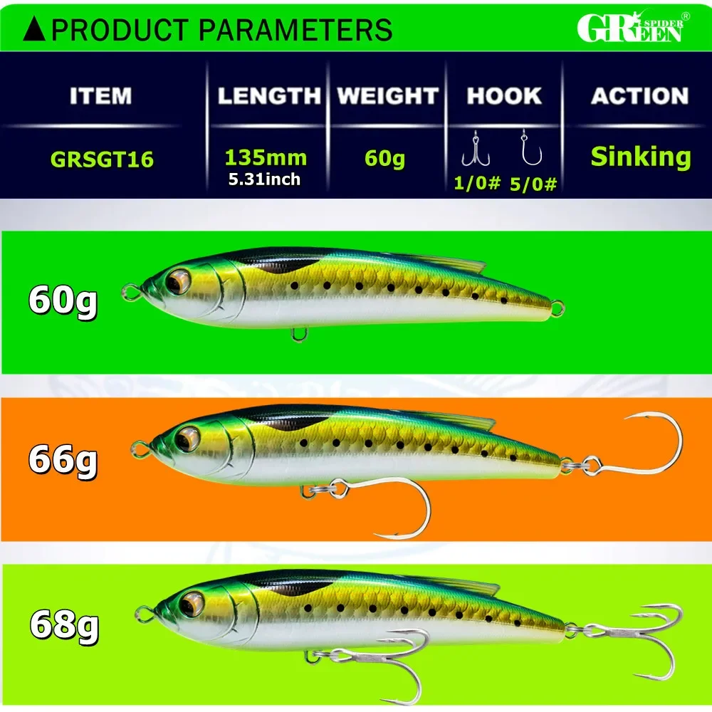 GREENSPIDER-señuelo de pesca de lápiz que se hunde, cebos duros artificiales para atún de mar GT, Señuelos de Pesca de agua salada, 13,5 cm, 60g, nuevo - imagen 4