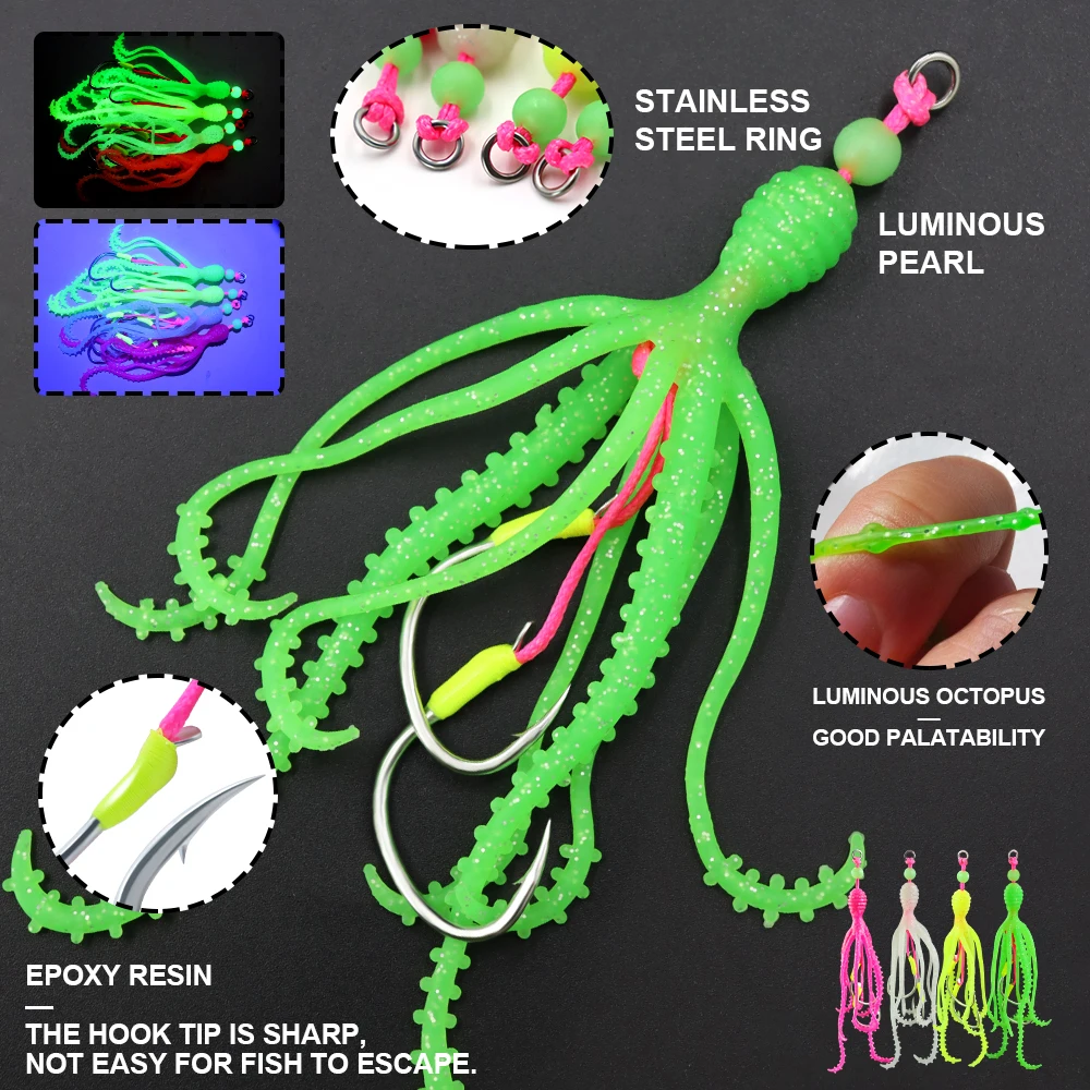 ZYZ-cebo suave para pesca en el mar, anzuelos de cuerda, señuelo de pulpo luminoso con anzuelos dobles, señuelo de pesca para barco de agua salada, 1 ud. - imagen 2