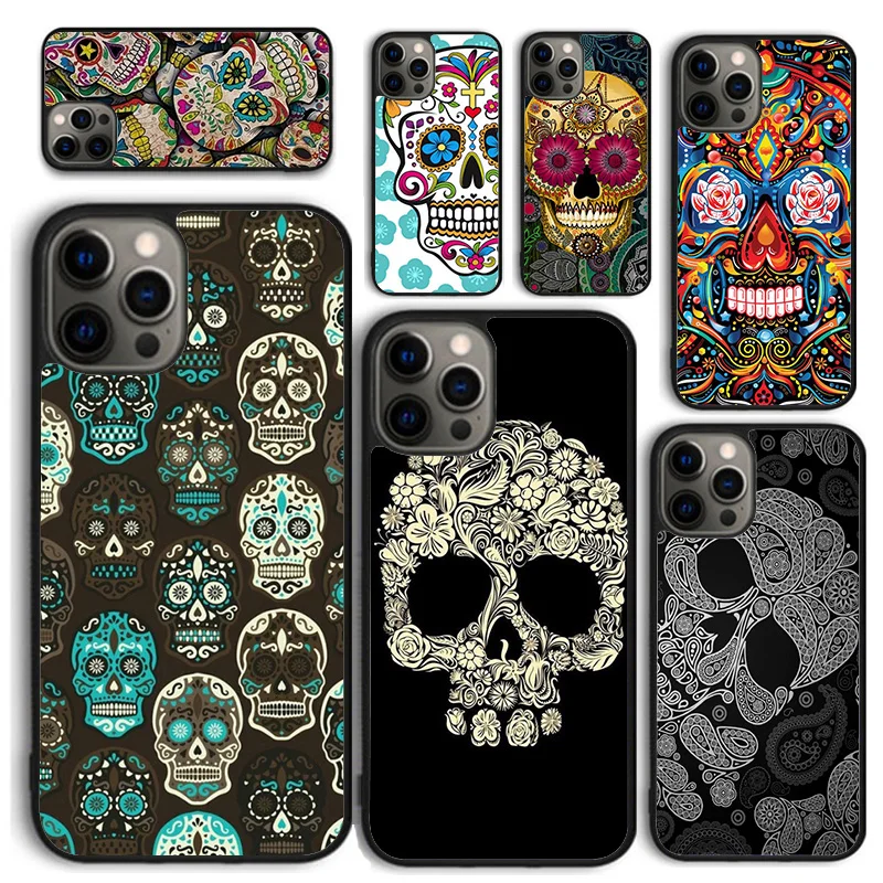Funda iPhone calavera mexicana con flores – Carcasa trasera premium
