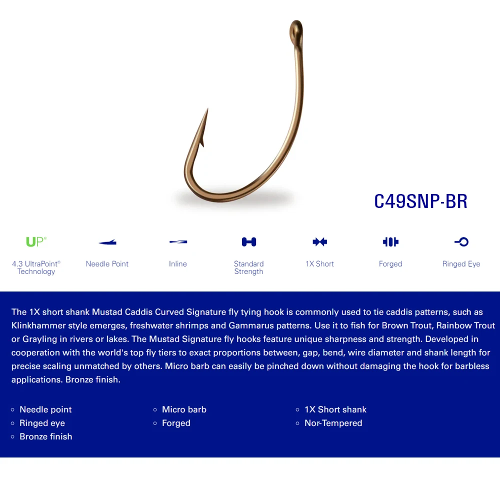 Mustad-gancho de atado de moscas, 30 piezas, acabado en bronce forjado, 1X vástago corto Caddis curvo, firma, para moscas Klinkhammer Gammarus - imagen 3