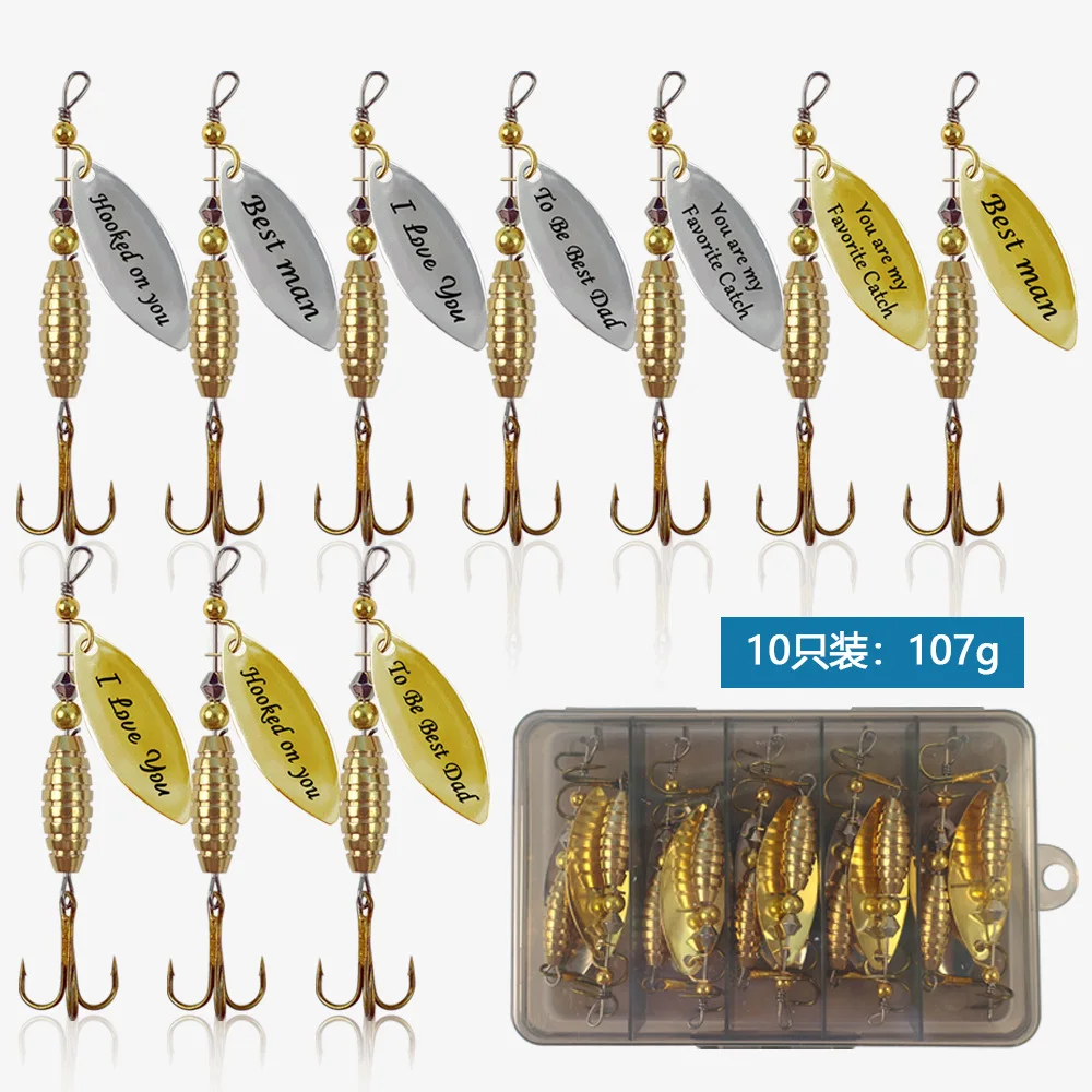 Regalo del Día del Padre 10 unids/set señuelo giratorio plateado y dorado con anzuelo triple señuelo de cuchara de Metal señuelo de pesca duro con caja de aparejos de pesca