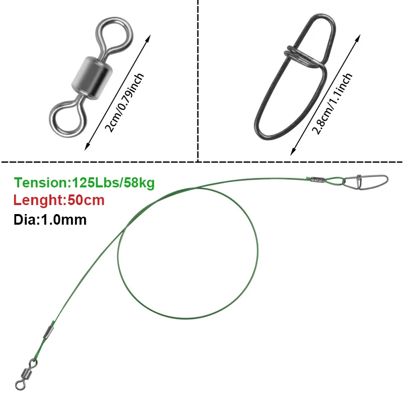 30 Uds. Línea líder de pesca en el mar de 1,0mm de diámetro 125LB 50cm línea de alambre de acero inoxidable de alta resistencia con giratorios y broches herramientas de pesca - imagen 2