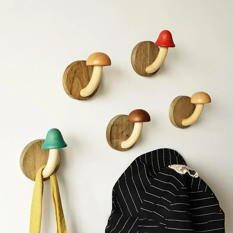 Percha autoadhesiva de madera con forma de seta para ropa y gorras, gancho creativo para colgar en la pared, ideal para organizar el almacenamiento del baño - imagen 3