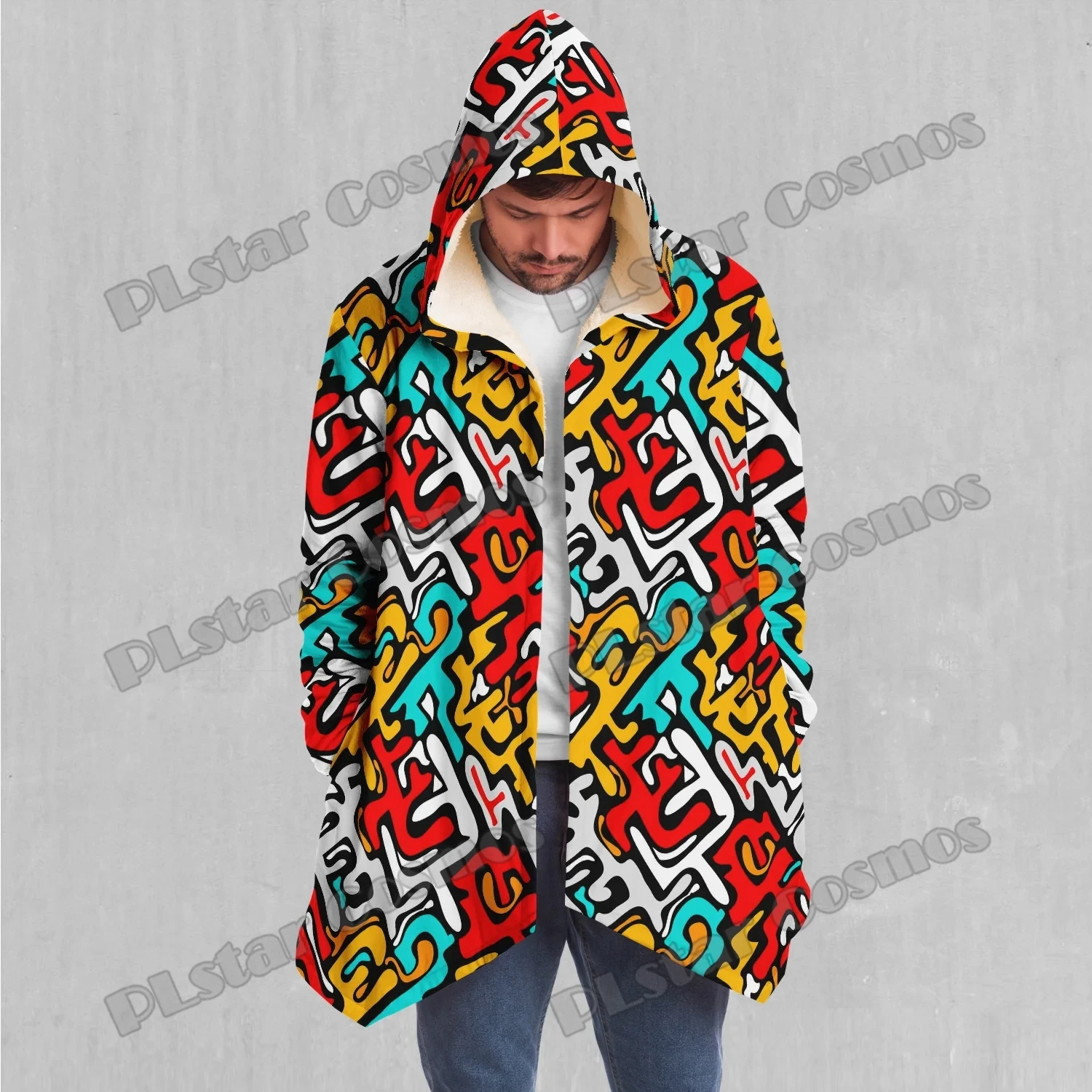 Capa con capucha y forro de Sherpa para hombre con estampado 3D de grafiti callejero y rompecabezas, capa gruesa y cálida informal para invierno DP79 - imagen 5