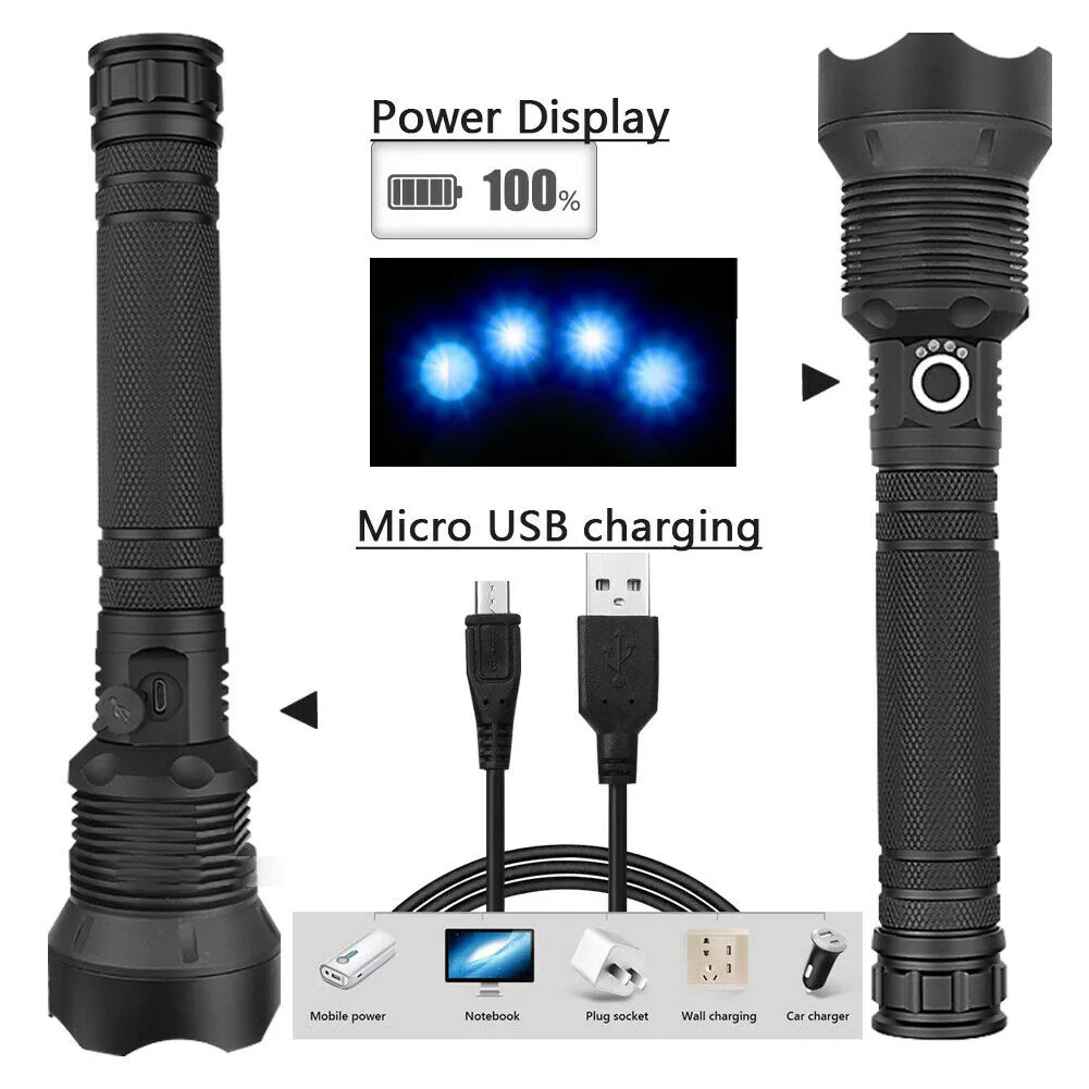 Una linterna negra con un cargador micro USB y una pantalla de alimentación