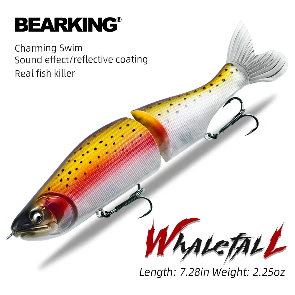 BEARKING-señuelo de pesca superior, 185mm, 64g, 2,25 oz, Minnow articulado, Wobblers, cuerpo ABS con cola suave, SwimBaits, señuelo suave para lucio y lubina