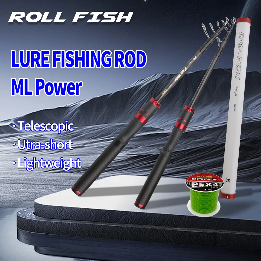 ROLLFISH-caña de pescar telescópica de fibra de carbono, asiento de carrete con sonido, ultraportátil para viajes/bajo/pesca de trucha + línea de PE de 100M gratis