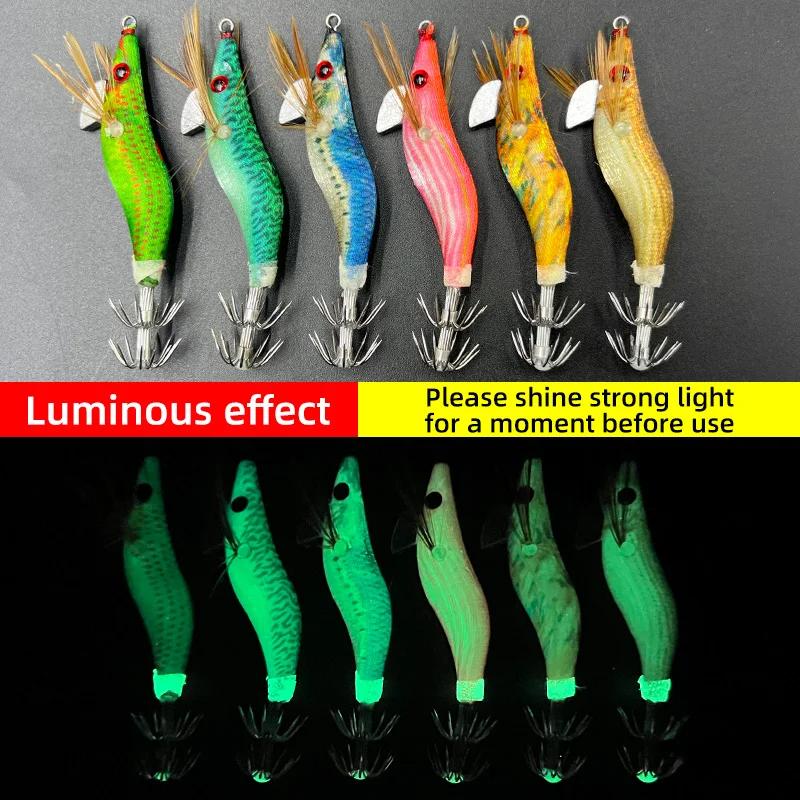 3/6 Uds. Gancho de calamar y camarones de madera que brilla en la oscuridad 1,5 #   Pequeño con cuentas de contrapeso, calamar, sepia, gancho, madera, camarones - imagen 3