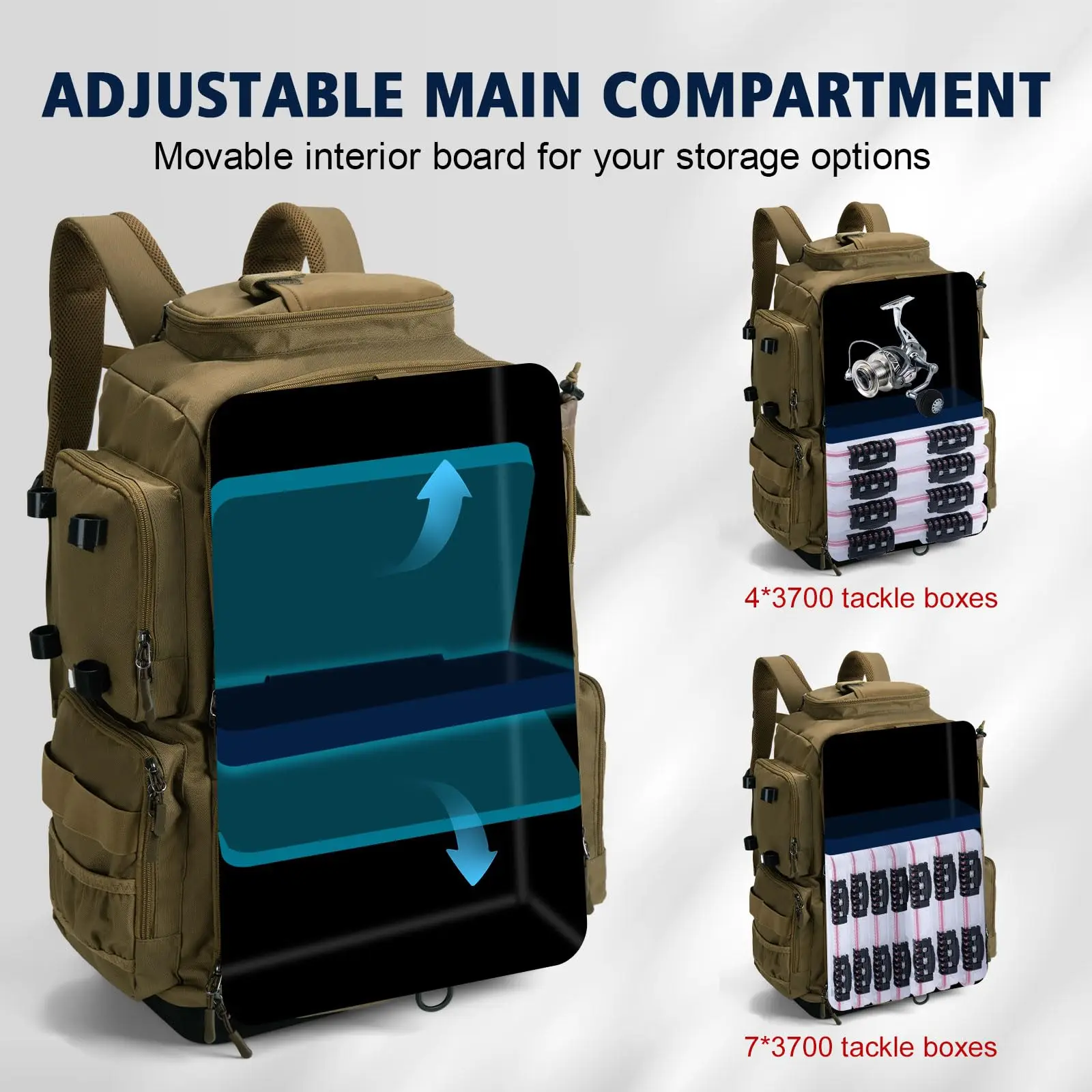 Mochila de pesca Goture con 4 3700 cajas de aparejos, bolsa de aparejos de pesca con fondo de EVA IPX de 55L con soporte para caña, con 8 bolsillos para señuelos - imagen 3