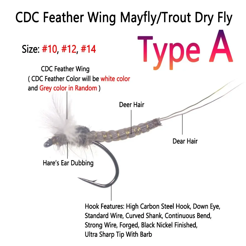Bimoo 6 uds CDC ala de plumas pelo de ciervo cuerpo Mayfly mosca seca gallo Hackle Mayfly mosca seca Rocky River trucha pesca moscas señuelos - imagen 3