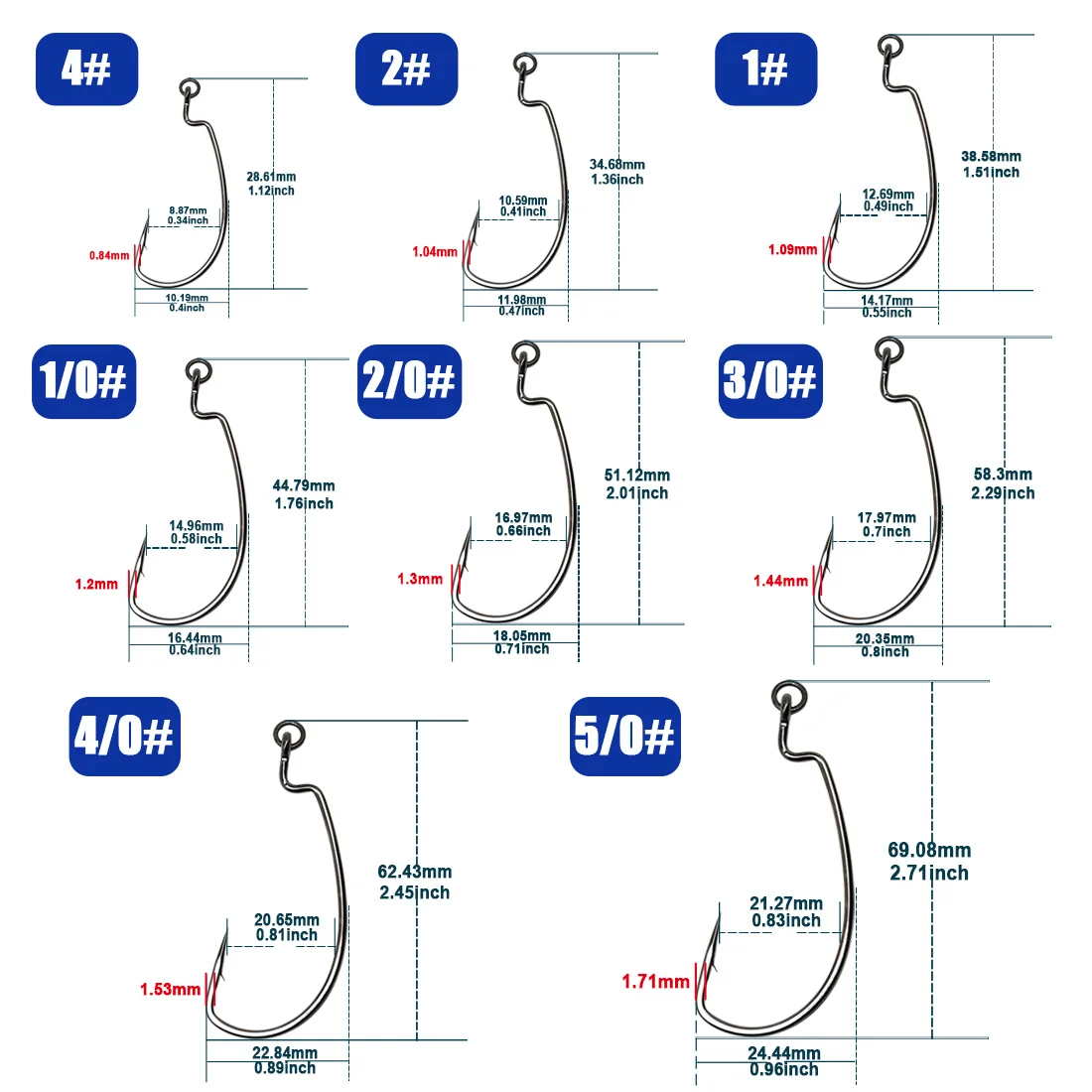Ganchos Ewg de 9KM con anillo, anzuelo compensado de gusano, 50 Uds., anzuelos de aparejo Texas para lubina, anzuelo de pesca de agua salada de espacio amplio, agua dulce - imagen 2