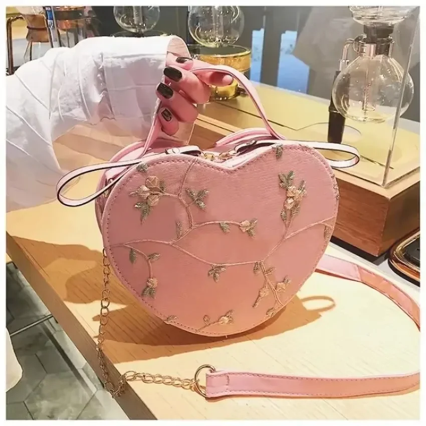 Bolsos redondos de corazón de encaje para mujer, bandolera de cuero de PU, bolso cruzado en forma de corazón para primavera y verano - imagen 2