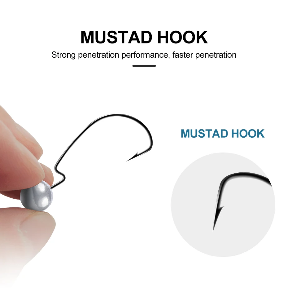 ESFISHING-anzuelos de gusano para aparejos de pesca, cabezal de anzuelo, 6 uds., 3,5g, 5g, 7g, 10g, anzuelo compensado de calidad Mustad para señuelos blandos - imagen 3