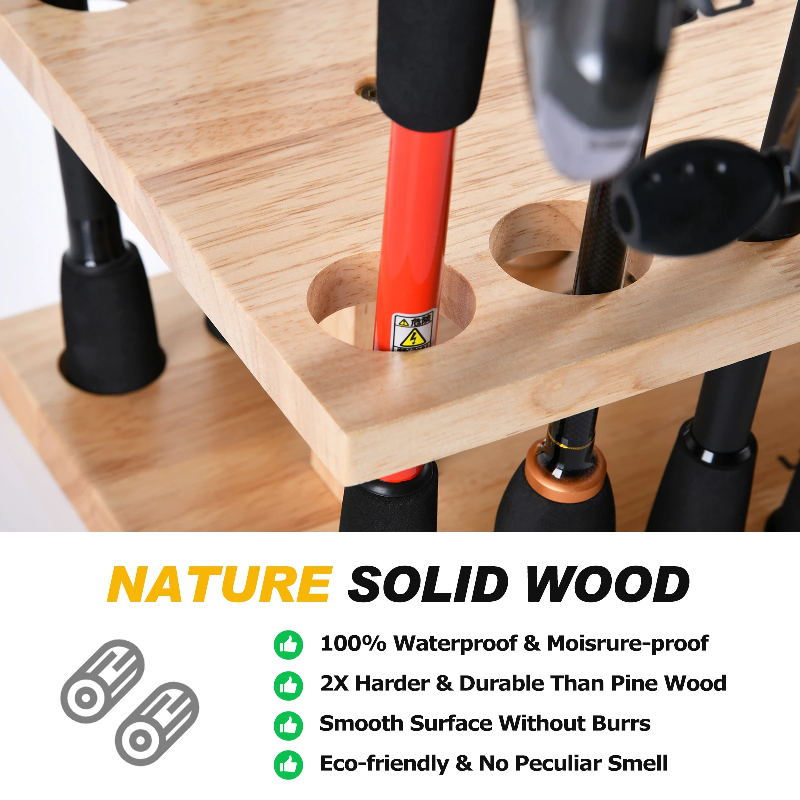 Goture-Soporte cuadrado para caña de pescar, soporte Vertical de madera maciza, herramienta de almacenamiento, 16 agujeros - imagen 5