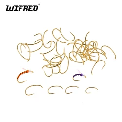 Wifreo 50PCS 20 # ~14 #   Gancho curvo para atar moscas sin púas, ganchos dorados de alambre fino con ojo hacia abajo para larvas Caddis, moscas emergentes