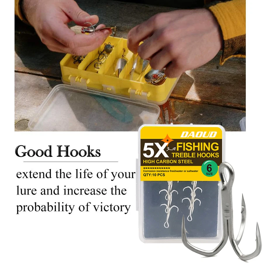 Triple anzuelo 10 unids/caja 5X fuerte púas afiladas Triple anzuelo de pesca para pesca en agua dulce y salada 20 piezas/2 cajas 2 # -10 #   Anzuelo triple - imagen 4