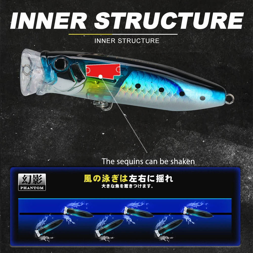 Señuelo de pesca D1 Topwater flotante Flash Flake Popper, cebo de superficie de 90mm/18,8g con Wobbler de boca grande para perca y lubina - imagen 4