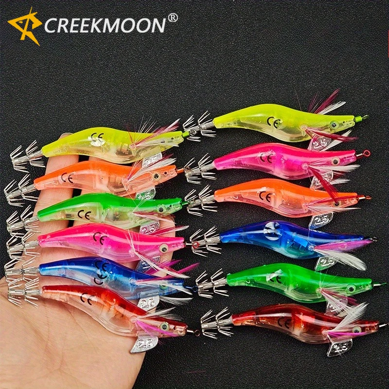 Señuelo electrónico LED para camarones con cabezal de anzuelo, juego de anzuelos de calamar, Señuelos de pesca duros, cola luminosa, cebo Artificial para lubina nocturna, 1 ud.