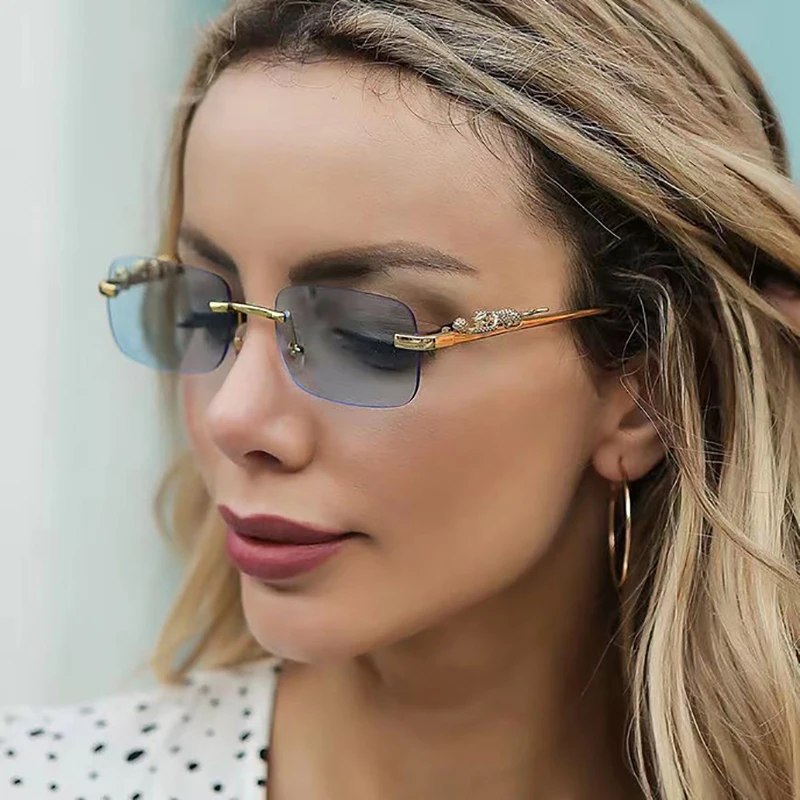 Gafas de sol clásicas sin montura para hombre y mujer, lentes de sol pequeñas con decoración de leopardo a la moda, elegantes, sin marco, para conducir y viajar - imagen 5